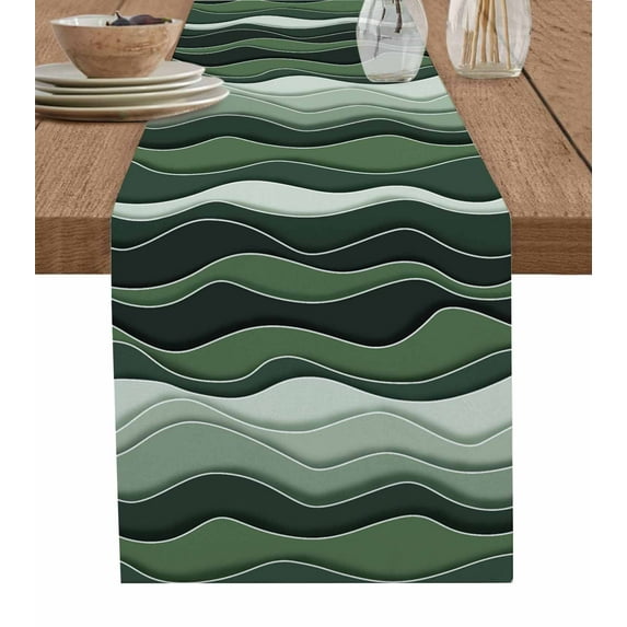 Green Ombre Table Runner Cotton Linen 90 Inch Holiday Dresser Scarves, Abstract Art Moire Ocean Waves Tablerunner for Kitchen Coffee Dining Bedroom Home Living Room Dinner Scarf Décor 13''x90''