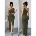 thumbnail image 1 of Green One Shoulder Cut Out Side Belt Split Maxi Dress For Women, 1 of 6