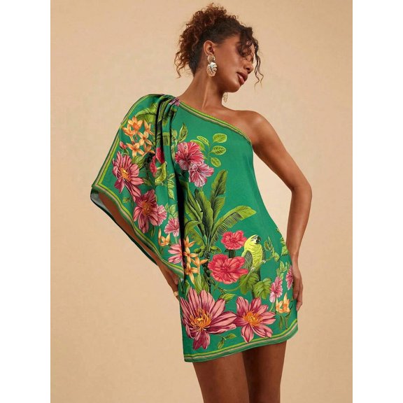 Green One Shoulder Floral Embroidered Mini Dress, Boho Chic Summer Party Outfit