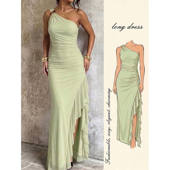 Green One Shoulder Long Dress, Asymmetric Ruffle Hem With High Slit &