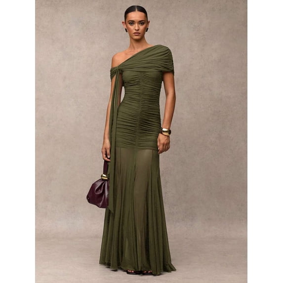 Green One-Shoulder Ruched Maxi Dress Formal Evening Gown