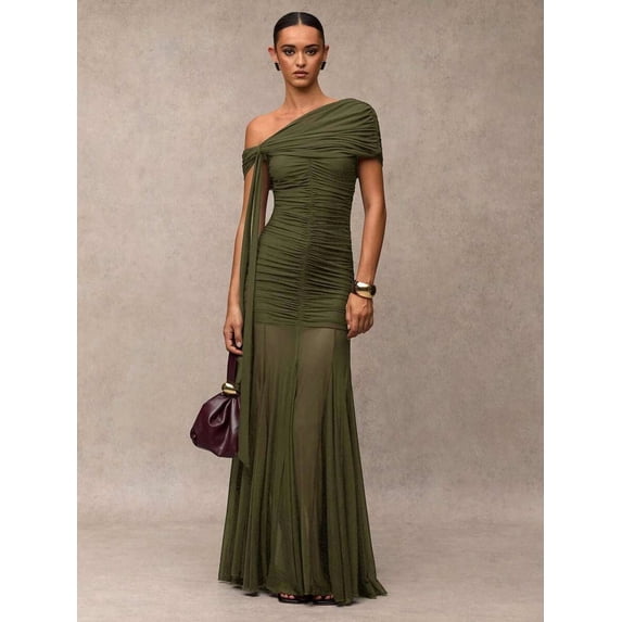 Green One-Shoulder Ruched Maxi Dress Formal Evening Gown