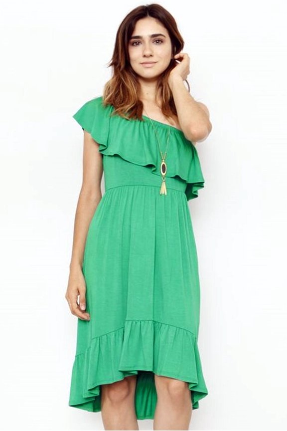 Green One Shoulder Ruffle Midi Dress