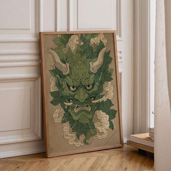 Green Oni Mask Ukiyo-e Print, Japanese Demon Samurai Wall Art Poster Unframed Paper Print