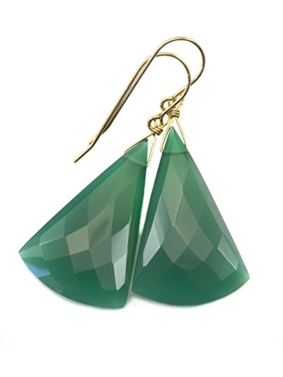 Green Onyx Earrings Large Long Triangle Shaped Faceted Cut Drops Simple Contemporary Dangles (yellow-gold) Designed for Adult Women