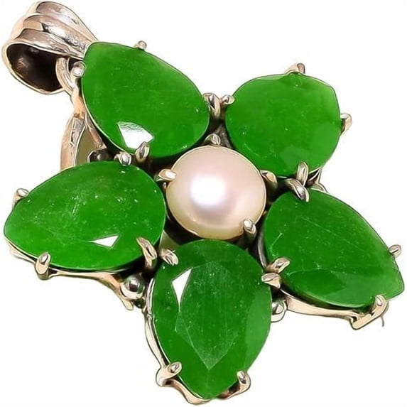 Green Onyx Gemstone Pendant, Natural Green Onyx & Pearl Cluster Pendant, December Birthstone, Floral Design Pendant, Huge Pendant, Bohemian Pendant, 925 Silver Sterling Pendant, Statement Pendant
