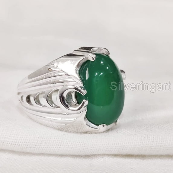 Green Onyx Mans Ring, Natural Green Onyx, December Birthstone, Silver Jewelry, 925 Silver Ring, Birthday Gift, Heavy Mens Ring, Arabic Design, Ottoman Style Ring, Christmas, Turkey Mens Signet Ring