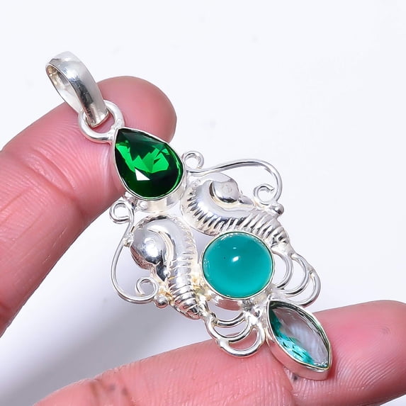 Green Onyx & Multi Gemstone Handmade 925 Sterling Silver Pendant 2.34" P57