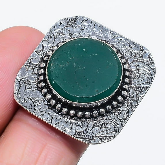 Green Onyx Round Shape Gemstone Ring Handmade Antique Gift Jewelry 9.75" FR 2329