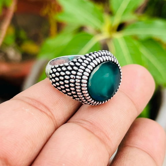 Green Onyx Sterling Silver Signet Ring • Handmade Vintage Boho Statement Ring • Unisex Jewelry Gift for Him