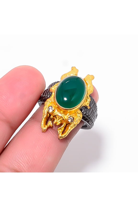 Green Onyx & White Topaz 925 Sterling Silver Frog Ring S.7.5 R87527, Christmas Gift