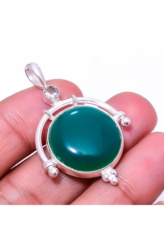 Green Onyx & White Topaz Designer Handmade 925 Sterling Silver Pendant 1.64" P37