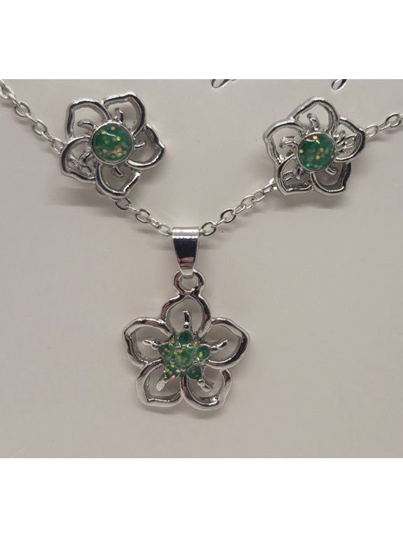 Green Opal Flower Silver Earring/Necklace Set