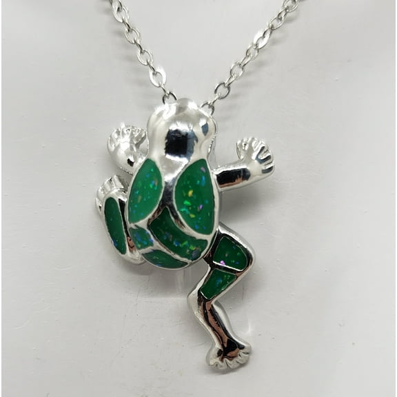 Green Opal Frog Silver Necklace