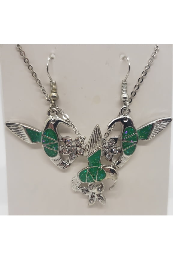 Green Opal Hummingbird Silver Earring/Necklace Set