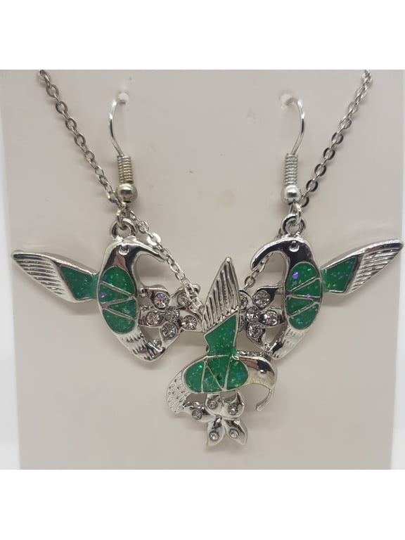 Green Opal Hummingbird Silver Earring/Necklace Set