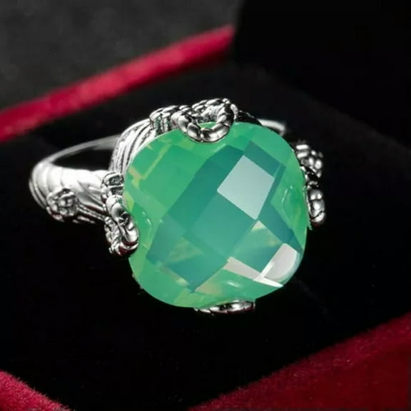 Green Opal Square Silver Band Women's 925 Silver Engagement Ring Size 6 7 8 9 10