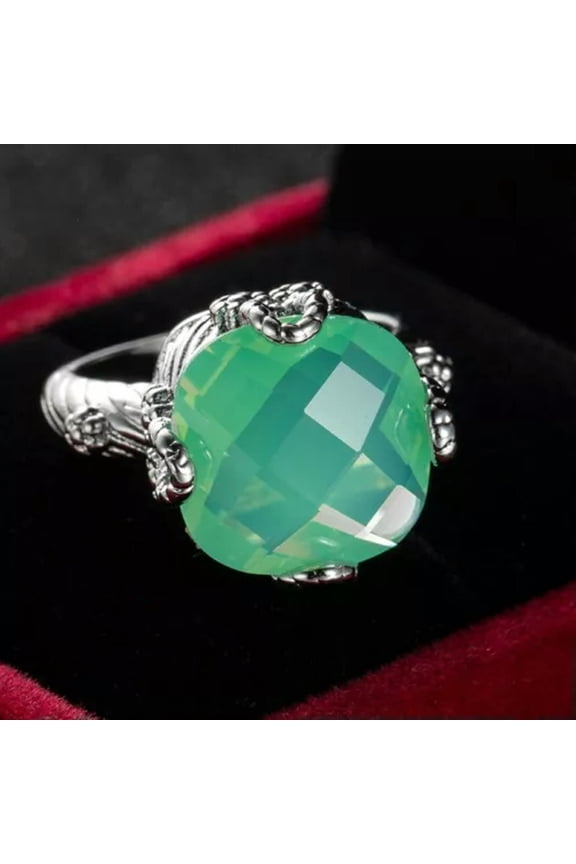 Green Opal Square Silver Band Women's 925 Silver Engagement Ring Size 6 7 8 9 10