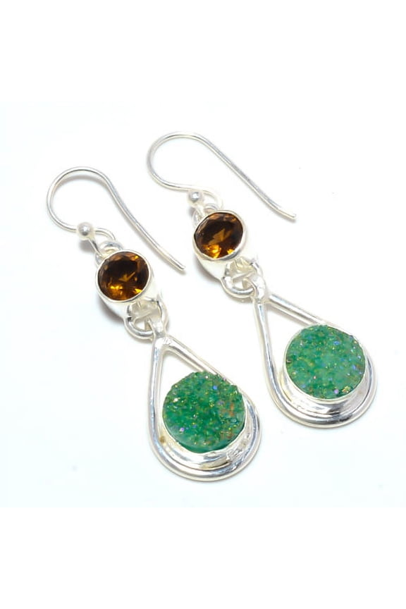 Green Opalite Agate Drusy & Smoky Quartz 925 Silver Earring 1.44" W2476, Handmade Jewelry, Dangle Earring
