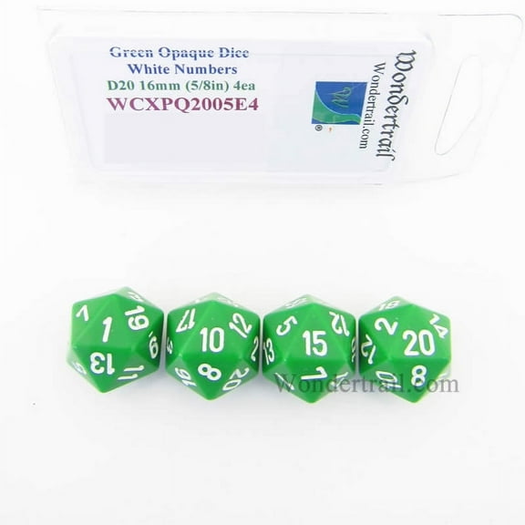 Green Opaque Dice with White Numbers D20 Aprox 16mm (5/8in) Pack of 4 Wondertrail