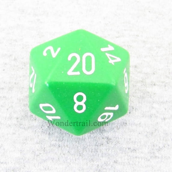 green opaque die with white numbers d20 34mm (1.34in) pack of 1 chessex