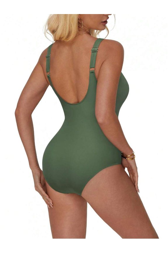Green Open Back Twist Front One-Piece Swimsuit High Cut Slim Fit