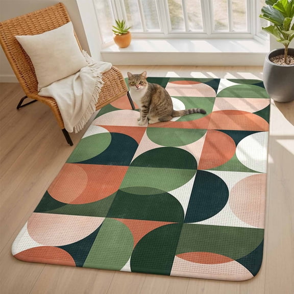 Green Orange Area Rugs for Living Room 5x6, Nordic Retro Medieval Geometric Abstract Washable Area Rug with Non Slip Backing, Stain Resist Linen Carpet for Bedroom, Dining Room, Entryway, Entrance