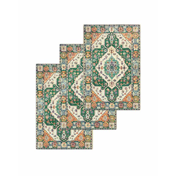 Green Orange Beige Boho Kitchen Dish Towels for Drying Dishes Set of 3, Retro Ethnic Tribal Abstract Art Waffle Weave Microfiber Terry Hand Tea Bathroom Towels Quick Dry & Absorbent Towel 15.7x23.6