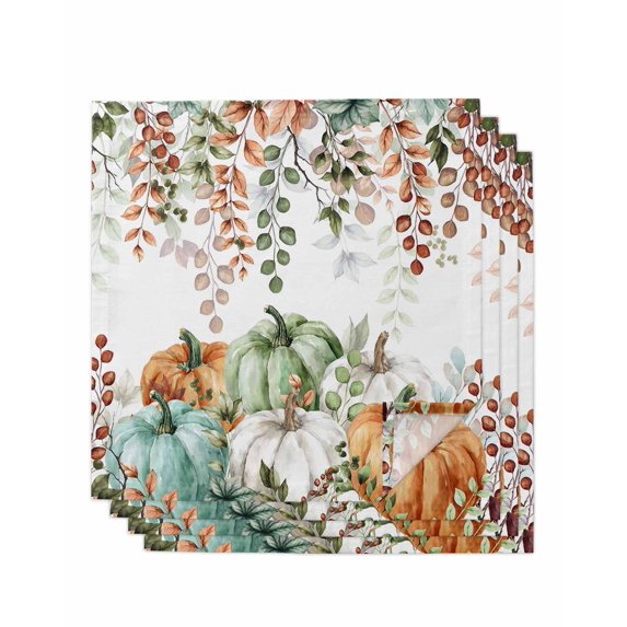 Green Orange Blue Fall Cloth Napkins Set of 4 Reusable Dinner Napkins, Thanksgiving Pumpkin Botanical Cocktail Napkin Washable Table Napkins for Wedding/Holiday Party/Baby Shower 20"x20"