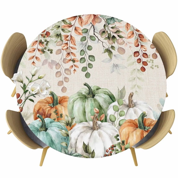Green Orange Blue Fall Round Tablecloth, Fitted Table Cover with Elastic for 45"-54" Round Tables, Thanksgiving Pumpkin Botanical Rustic Table Cloth Outdoor Dinning Party Waterproof Tablecloths