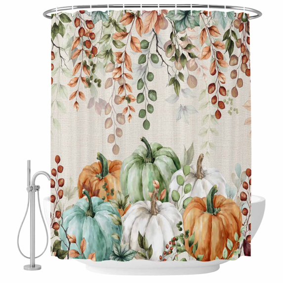 Green Orange Blue Fall Shower Curtain, Waterproof Shower Curtains for Bathroom, Thanksgiving Pumpkin Botanical Rustic Washable Fabric Bathtub Curtain Set Bath Decor with 12 Hooks 72"x78"
