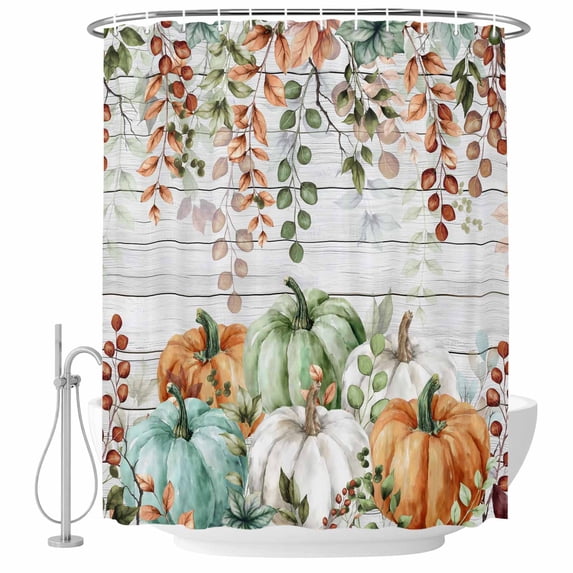 Green Orange Blue Fall Shower Curtain, Waterproof Shower Curtains for Bathroom, Thanksgiving Pumpkin Botanical Vintage Washable Fabric Bathtub Curtain Set Bath Decor with 12 Hooks Extra Long 72"x96"