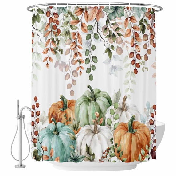 Green Orange Blue Fall Shower Curtain, Waterproof Shower Curtains for Bathroom, Thanksgiving Pumpkin Botanical Washable Fabric Bathtub Curtain Set Bath Decor with 12 Hooks Long 72"x84"