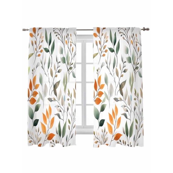 Green Orange Eucalyptus Curtains 72 Inch Length,Sheer Curtains for Bedroom Living Room Window Summer Watercolor Botanical Leaf Rod Pocket Drapes Kitchen Curtains Small Half Window 52"x72" 2 Panels