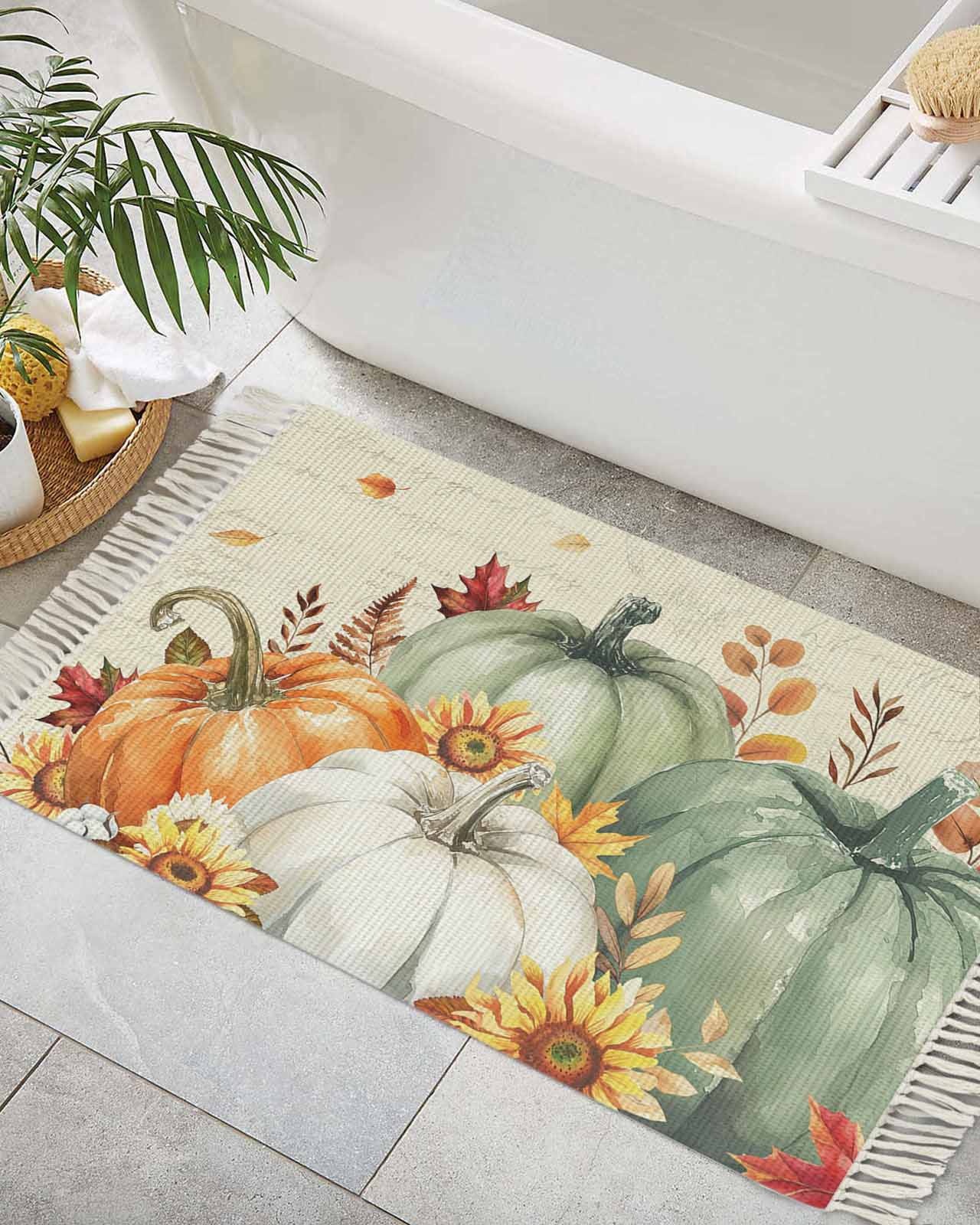 Green Orange Fall Bathroom Rug 2x3 Front Door Mat with Tassel Cotton ...