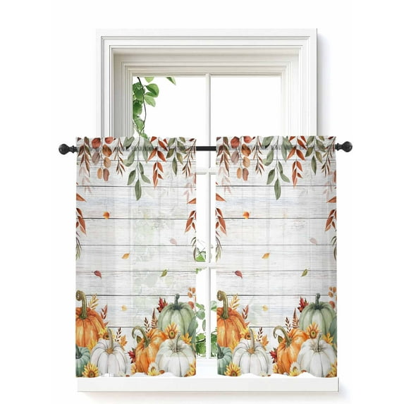 Green Orange Fall Curtains 45 Inch Length,Sheer Curtains for Bedroom Living Room Window Pumpkins Botanical Thanksgiving Vintage Rod Pocket Drapes Kitchen Curtains Small Half Window 52"x45" 2 Panels
