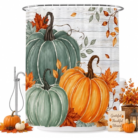 Green Orange Fall Shower Curtain Set - 48" x 72" Washable Bathtub Curtain with 12 Hooks, Maple Leaves Thanksgiving Wood Grain Waterproof Fabric Stall Shower Curtains for Bathroom/Bathtub Décor