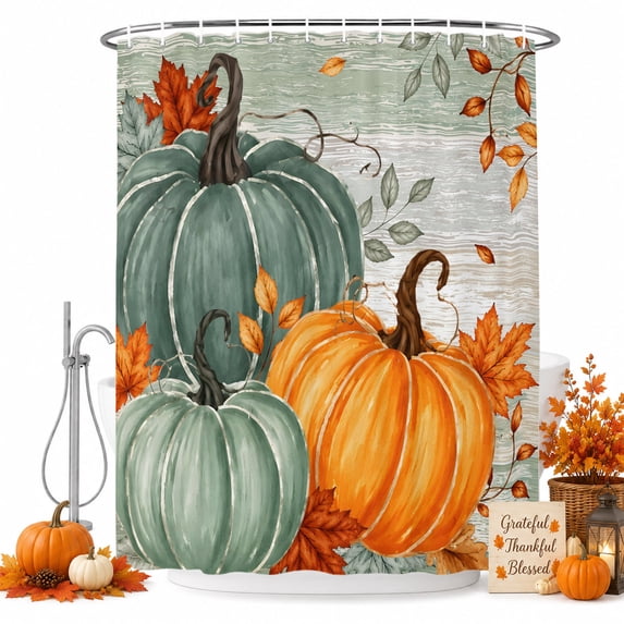 Green Orange Fall Shower Curtain Set - 72" x 78" Washable Bathtub Curtain with 12 Hooks, Maple Leaves Thanksgiving Greem Wooden Waterproof Fabric Stall Shower Curtains for Bathroom/Bathtub Décor