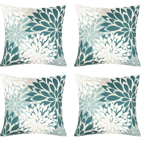 Green and Orange Floral Throw Pillow Covers 18x18 inch Set of 4 Outdoor and Indoor Farmhouse Decorative Linen Pillow Cover - Waterproof Pillow Covers for Patio Garden Living Room Bed Sofa