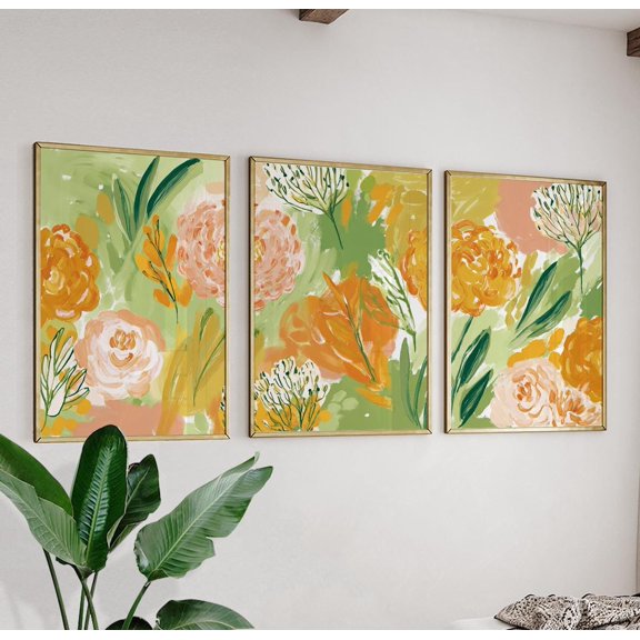 Green Orange Floral Wall Art Set Abstract Flower Triptych Posters 3 Piece Botanical Decor Set 3