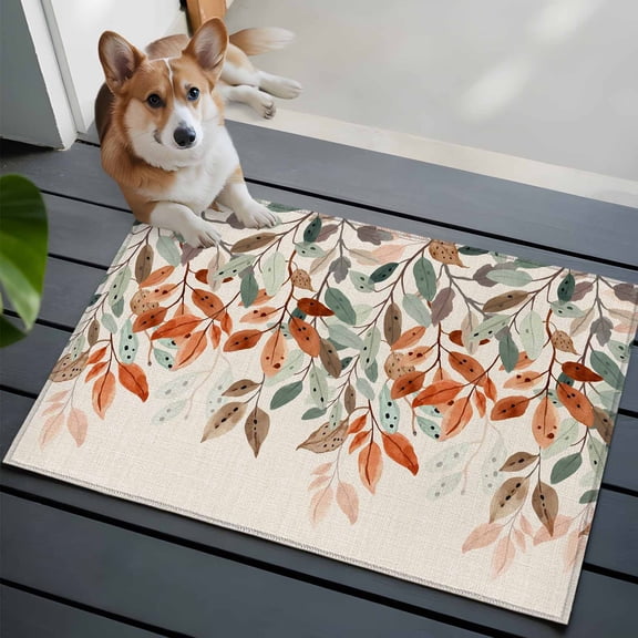 Green Orange Leaf Front Door Rugs 2x3 ft Watercolor Botanical Vintage Linen Small Rug for Entryway Non Slip Washable Bathroom Door Mat Absorbent Floor Mat for Indoor Entrance