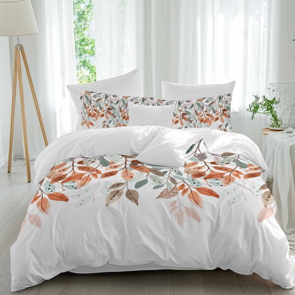 Green Orange Leaf Full Size Comforter Set, Watercolor Botanical Bedding for All Seasons, 4 Pcs Bed Set, 1Quiltcover (86"x86") ,1Sheet(80"x116"), 2Pillowcases (30"x20")