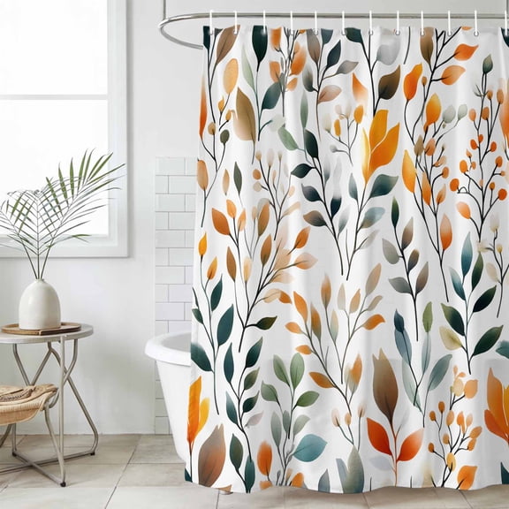 Green Orange Leaves Small Stall Shower Curtain, Waterproof Shower Curtains for Bathroom, Spring Garden Botanical Washable Fabric Cloth Bath Curtain for Bathtub Decoration with Hooks 36x72 Inches