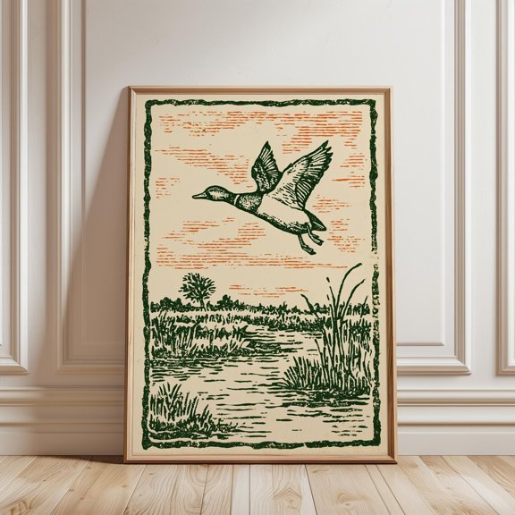Green Orange Linocut Duck Poster, Unframed Paper Poster 8x10in