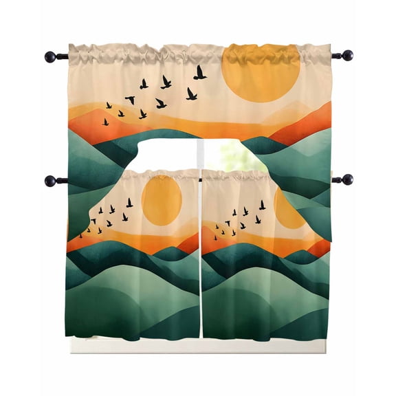 Green Orange Mountain Kitchen Curtains Sets 24 Inch Length with Valance, Sunset Birds Abstract Art Swag Valances and Tiers Curtain Set Drapes Swag Curtains for Living Room, Bathroom, Bedroom, Cafe