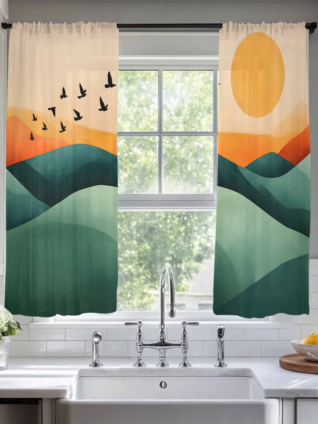 Green Orange Mountain Sheer Curtains for Living Room Bedroom Sunset