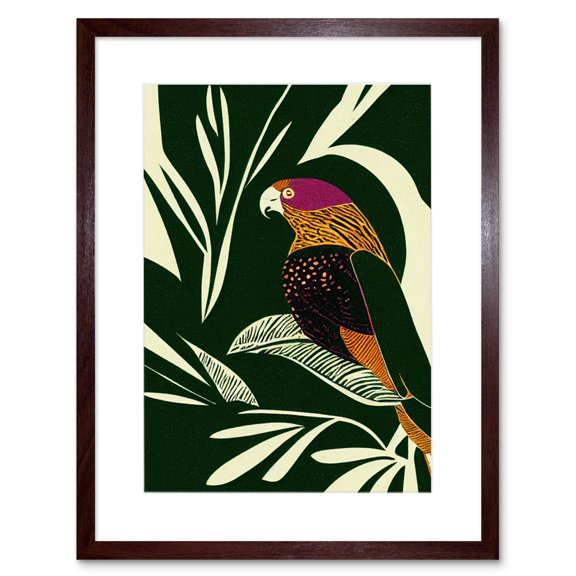 Green Orange Pink Cream Modern Vintage Tropical Plant Leaves with Bird Artwork Framed Wall Art Print 9X7 Inch