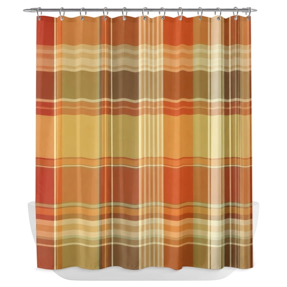 Green Orange Plaid Shower Curtain - Water Repellent Fabric Shower Curtains Washable, Fall Check Grids Modern Striped Decorative Polyester Cloth Bathroom Curtains Modern Bath Decor 72"x72"