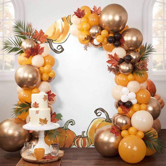 Green Orange Pumpkin Arch Backdrop Cover 4FT, Fall Thanksgiving Botanical Cartoon Spandex Fitted Stretchy Arch Stand Covers, Round Top Chiara Backdrop Cover for Wedding Party Birthday Baby Shower