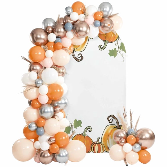 Green Orange Pumpkin Arch Backdrop Cover 6.6Ft, Wedding Arch Covers Stretchy Backdrop, Fall Thanksgiving Botanical Cartoon Fitted 2 Sided Arched Photo Background for Birthday Party Decorations